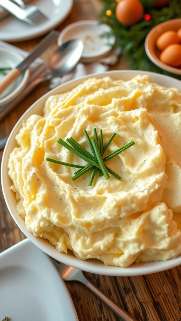 A large bowl of creamy mashed potatoes garnished with chives on a rustic table.